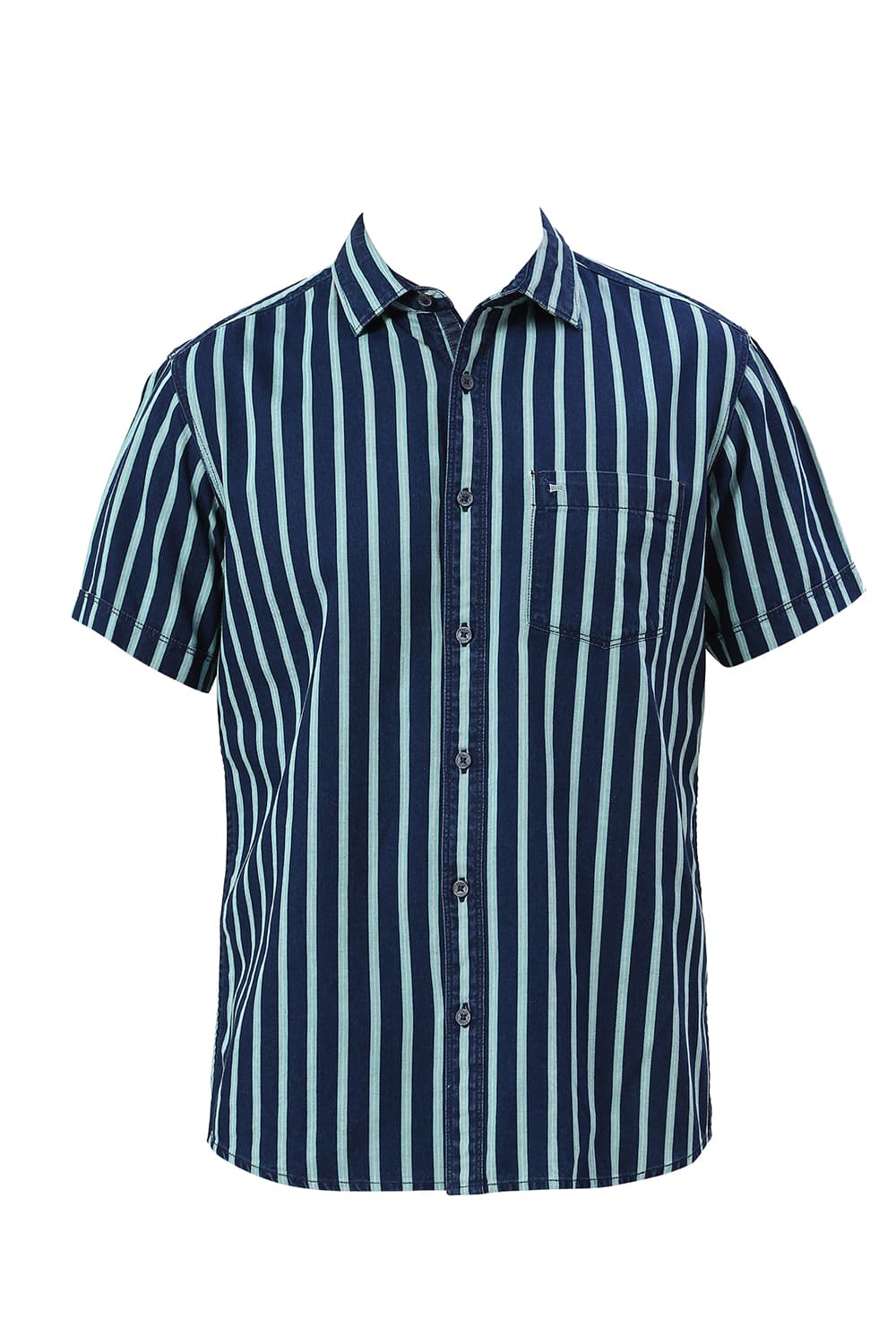 SLIM FIT COTTON INDIGO STRIPE HALFSLEEVES SHIRT