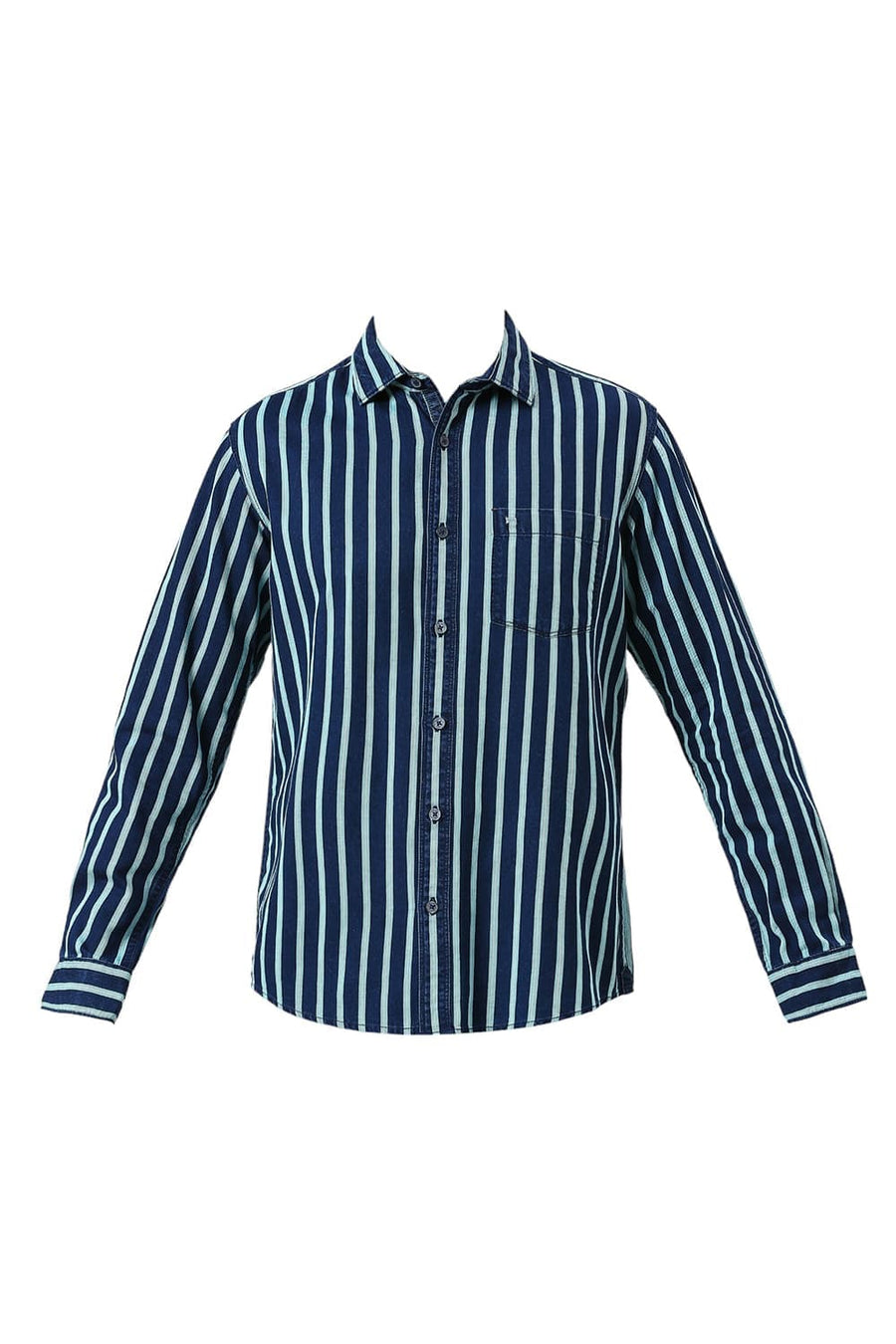 BASICS SLIM FIT AQUA HAZE COTTON INDIGO STRIPE SHIRT