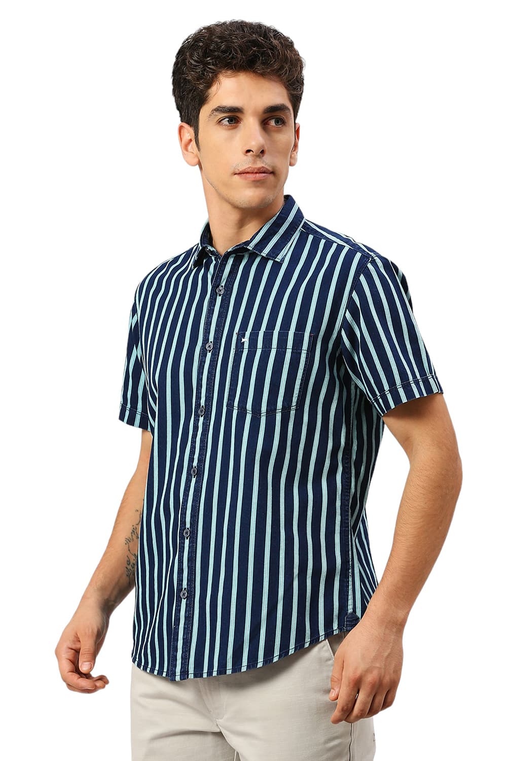 SLIM FIT COTTON INDIGO STRIPE HALFSLEEVES SHIRT
