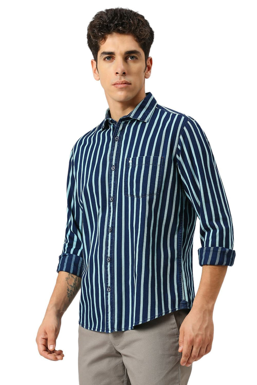 BASICS SLIM FIT AQUA HAZE COTTON INDIGO STRIPE SHIRT