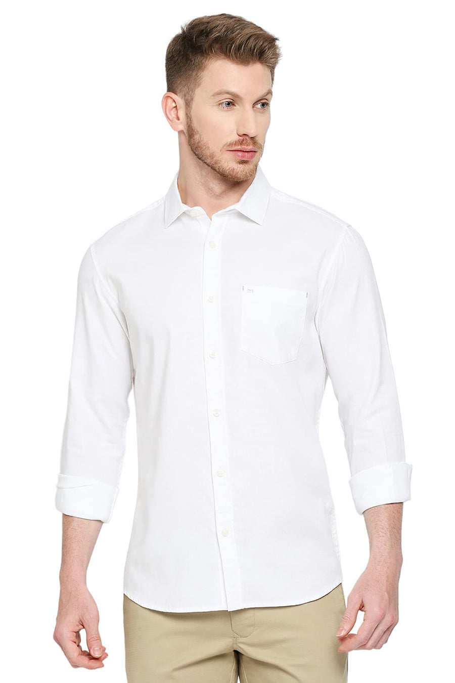 BASICS SLIM FIT MARSHMALLOW WHITE COTTON DOBBY SHIRT