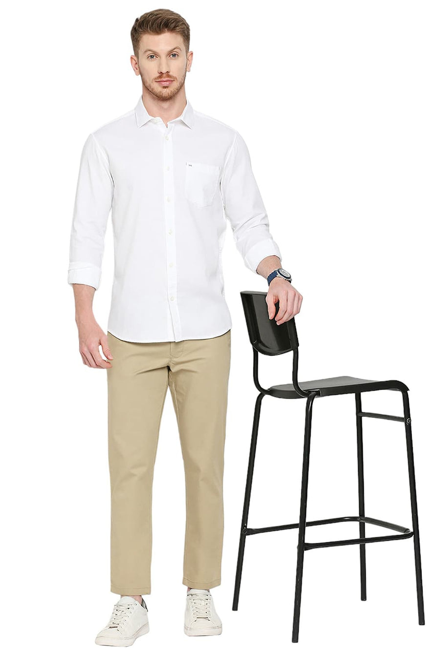 BASICS SLIM FIT MARSHMALLOW WHITE COTTON DOBBY SHIRT