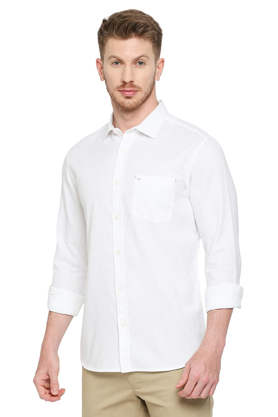 BASICS SLIM FIT MARSHMALLOW WHITE COTTON DOBBY SHIRT