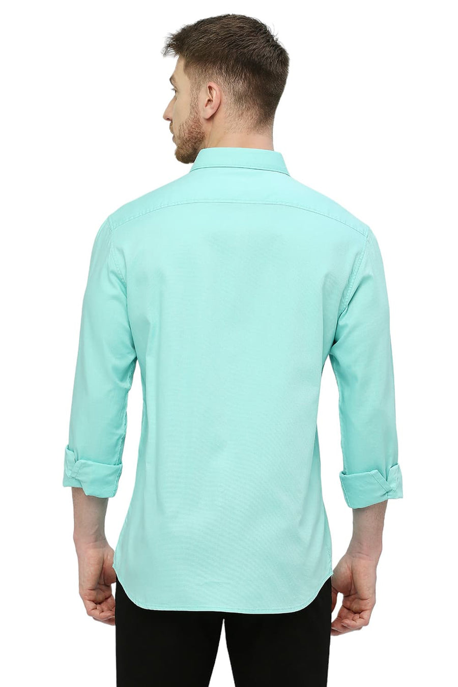 BASICS SLIM FIT LAGOON GREEN COTTON DOBBY SHIRT