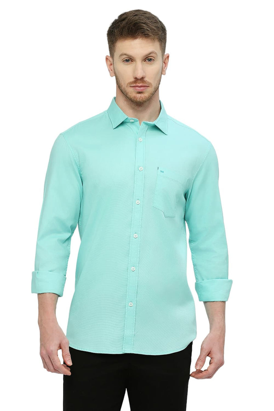 BASICS SLIM FIT LAGOON GREEN COTTON DOBBY SHIRT