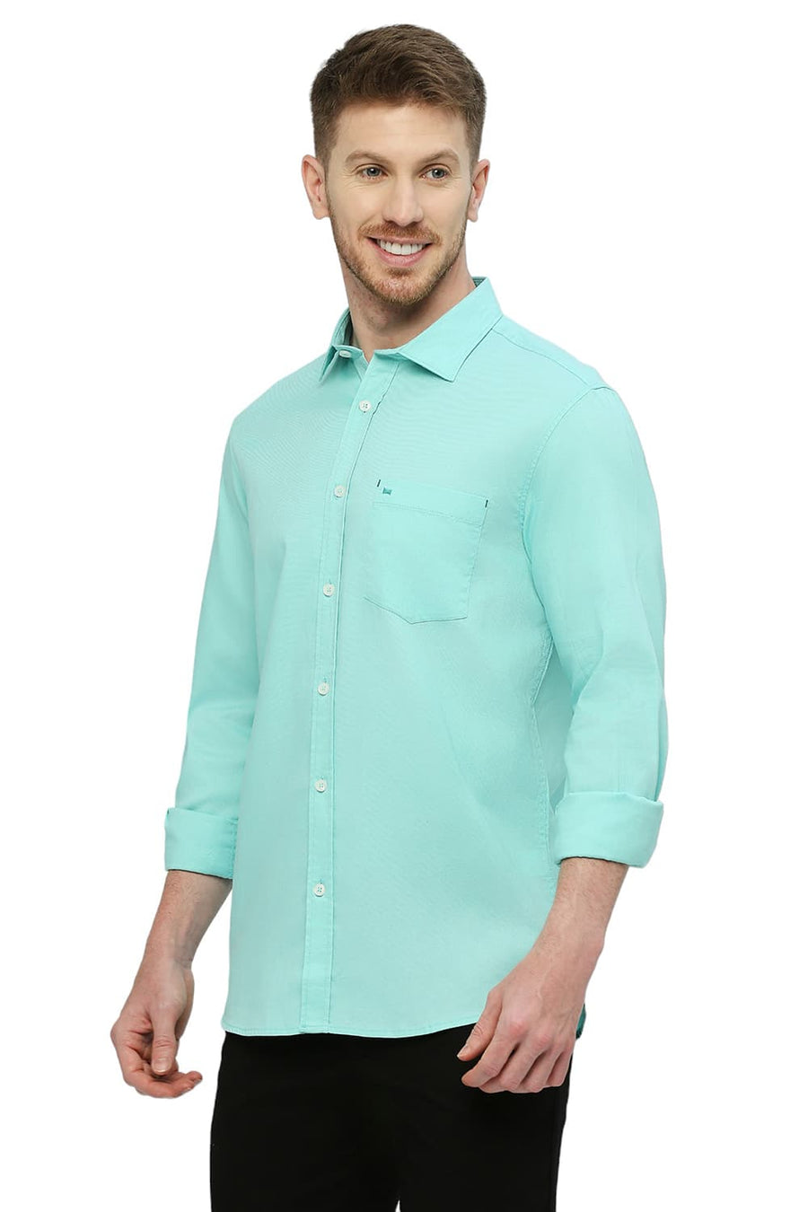 BASICS SLIM FIT LAGOON GREEN COTTON DOBBY SHIRT