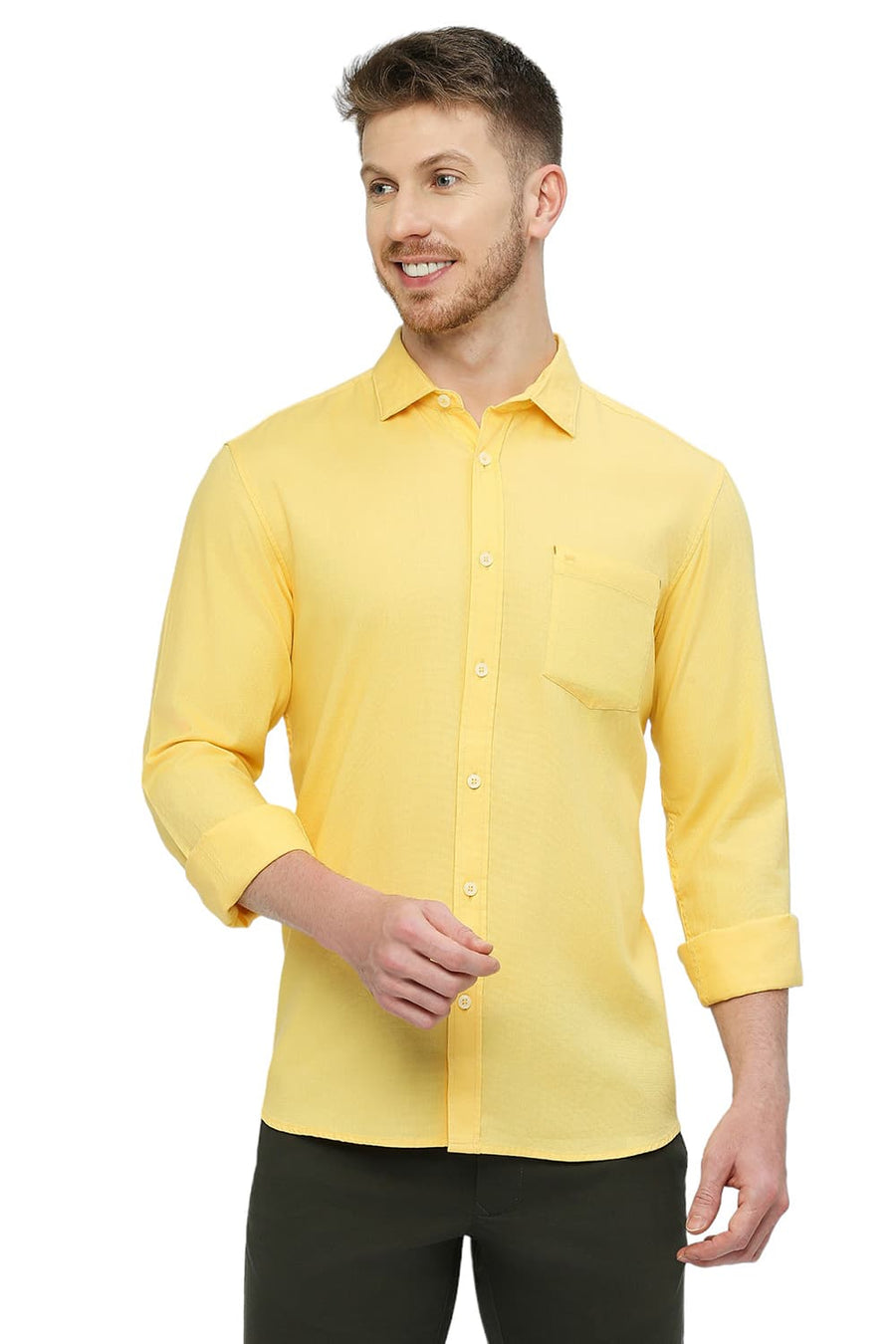 BASICS SLIM FIT YARROW YELLOW COTTON DOBBY SHIRT