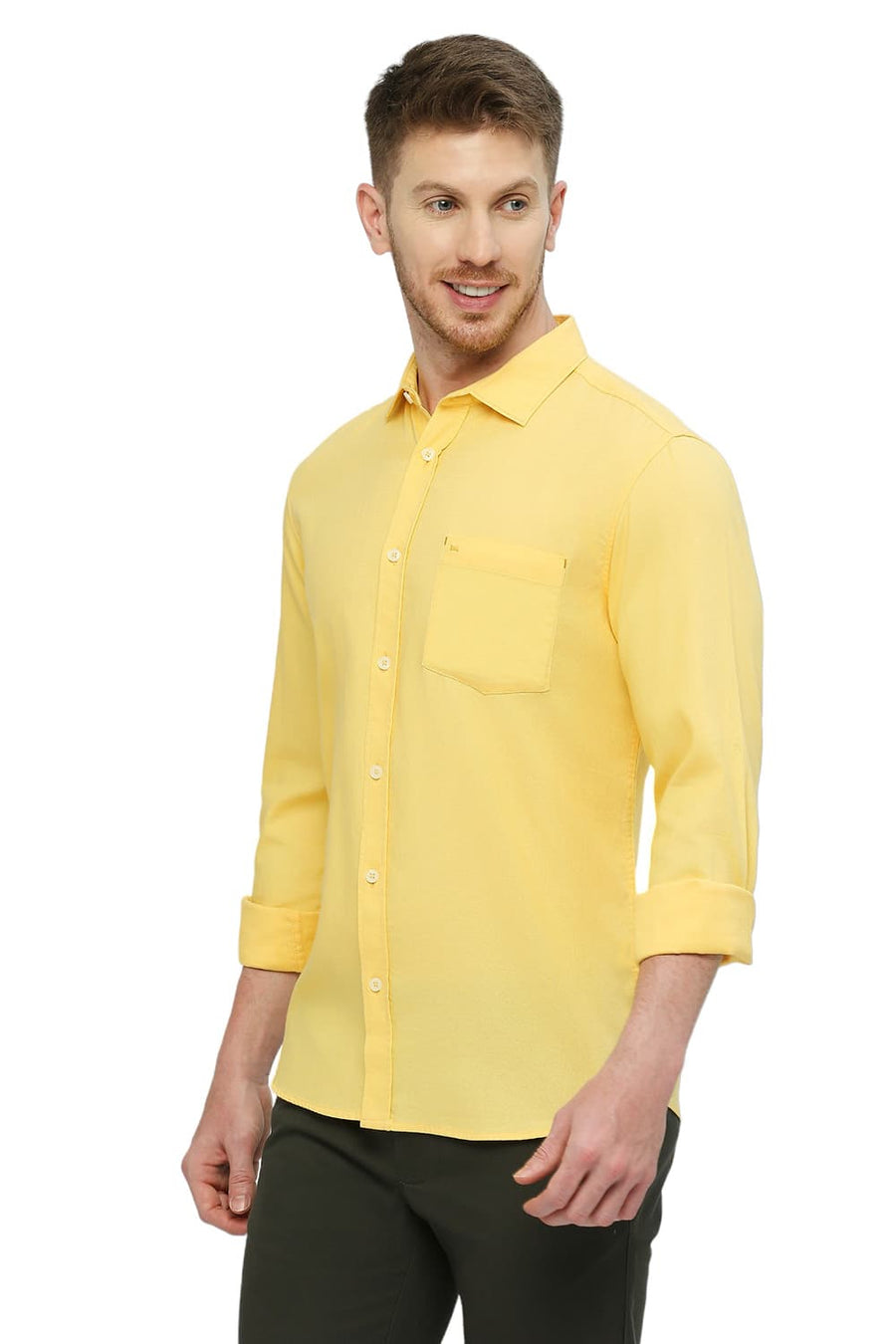 BASICS SLIM FIT YARROW YELLOW COTTON DOBBY SHIRT