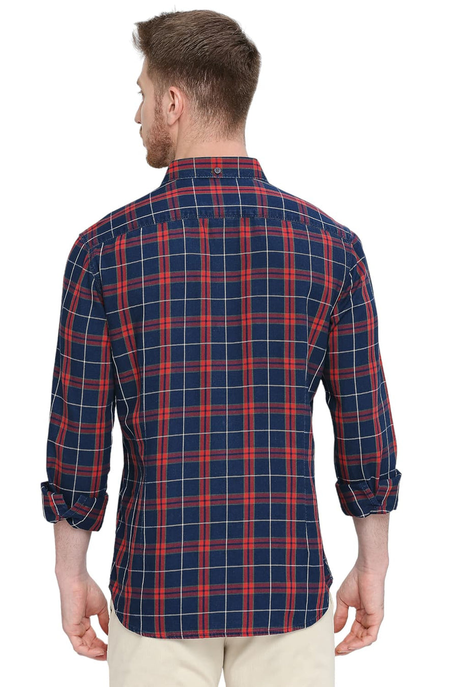 BASICS SLIM FIT RACING RED COTTON INDIGO CHECKS SHIRT