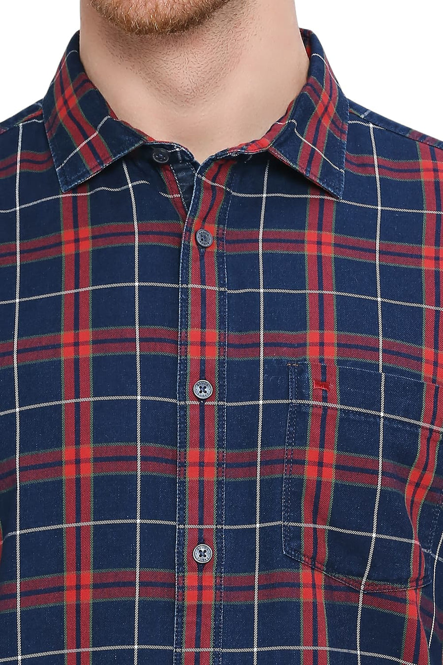 BASICS SLIM FIT RACING RED COTTON INDIGO CHECKS SHIRT
