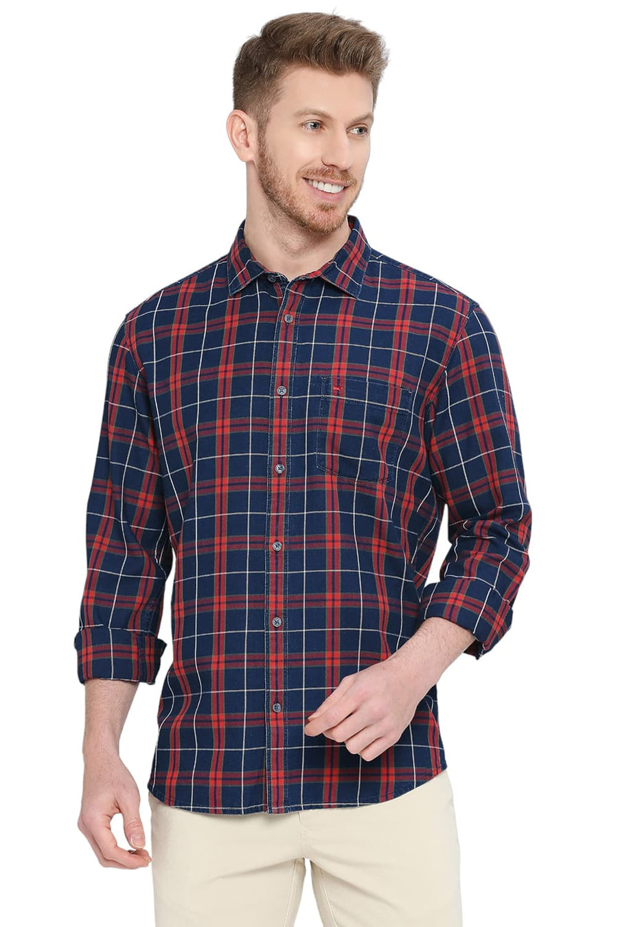 BASICS SLIM FIT RACING RED COTTON INDIGO CHECKS SHIRT