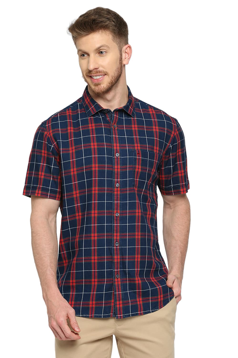 BASICS SLIM FIT COTTON INDIGO CHECKS SHIRT