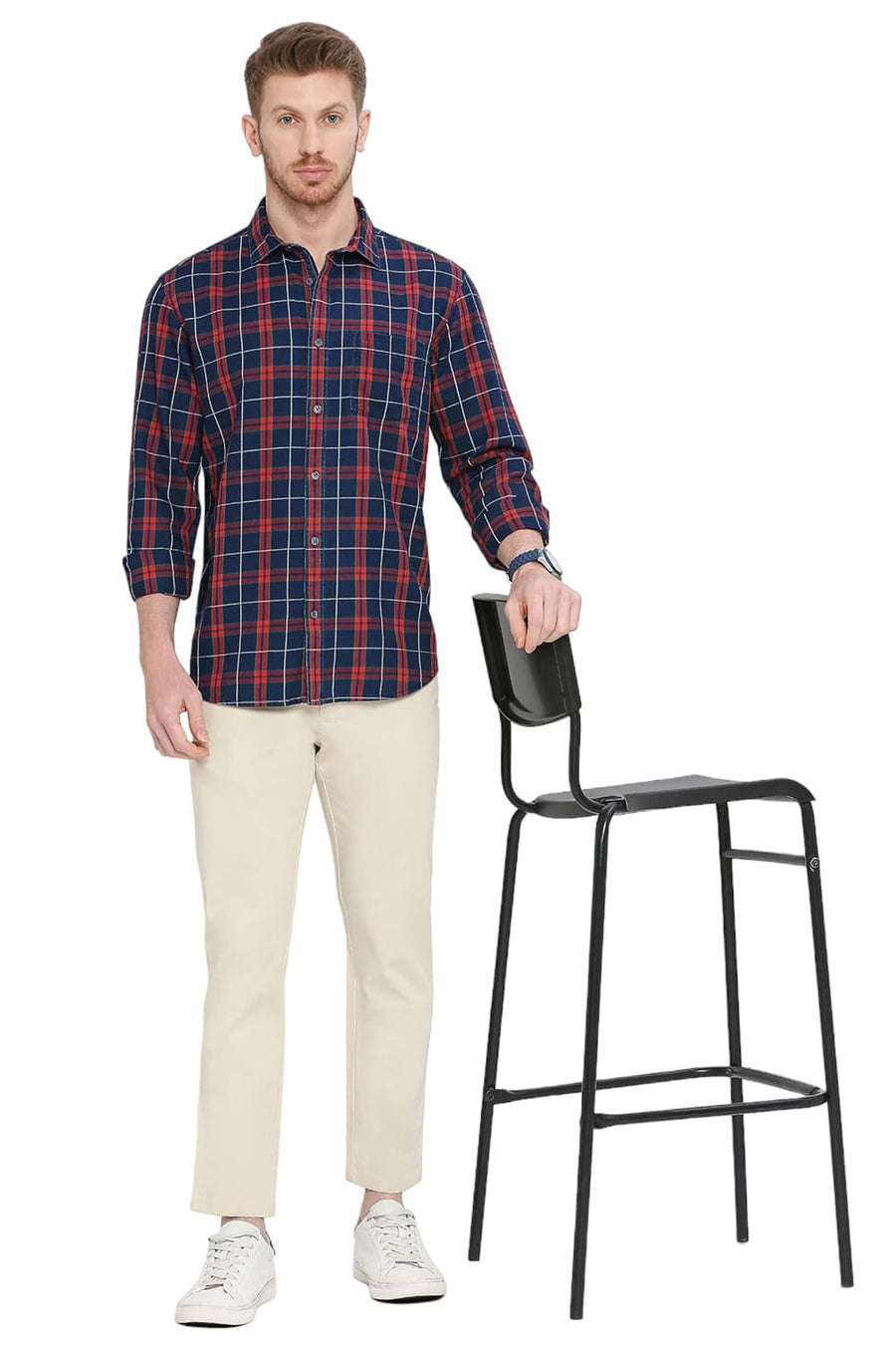 BASICS SLIM FIT RACING RED COTTON INDIGO CHECKS SHIRT