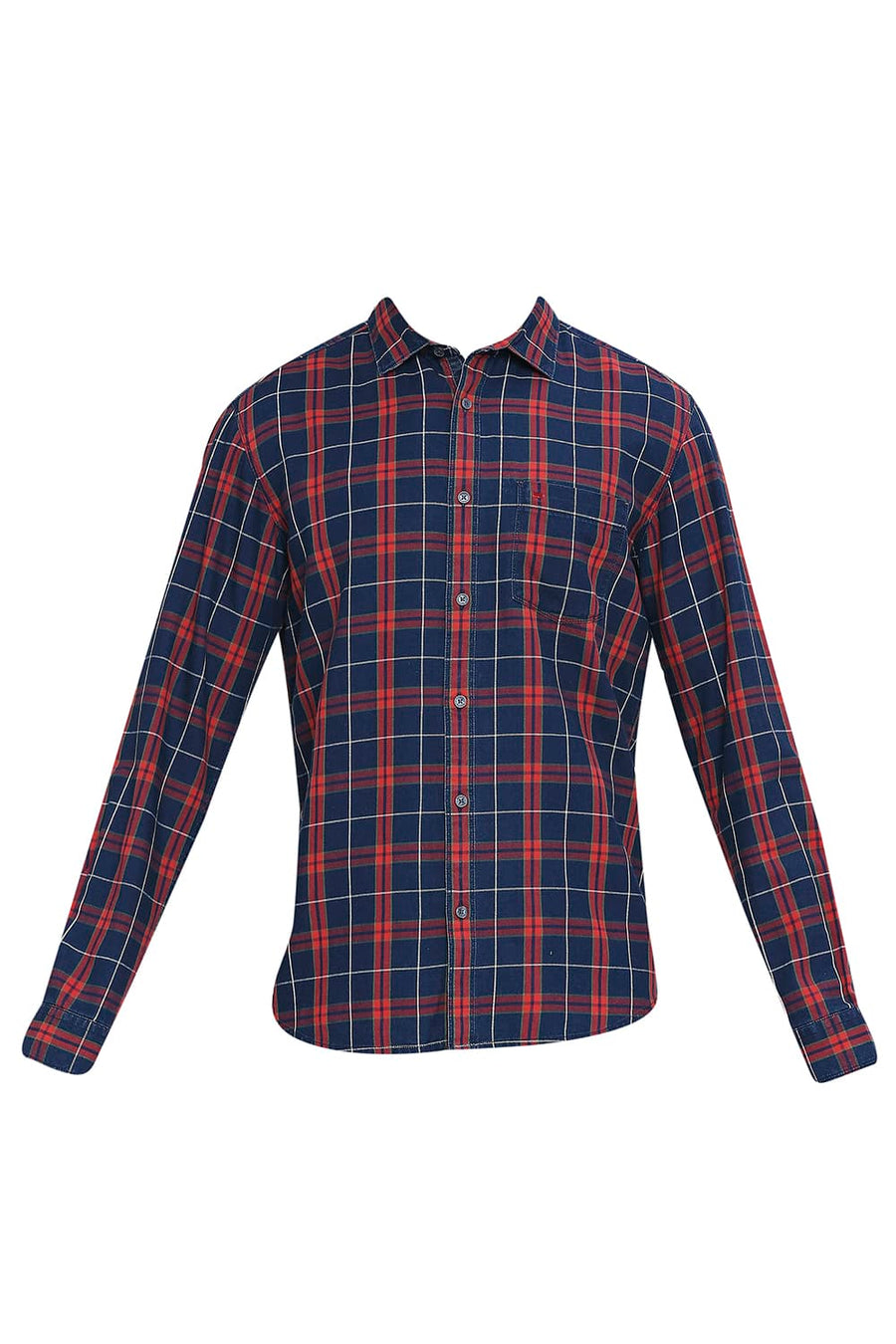 BASICS SLIM FIT RACING RED COTTON INDIGO CHECKS SHIRT