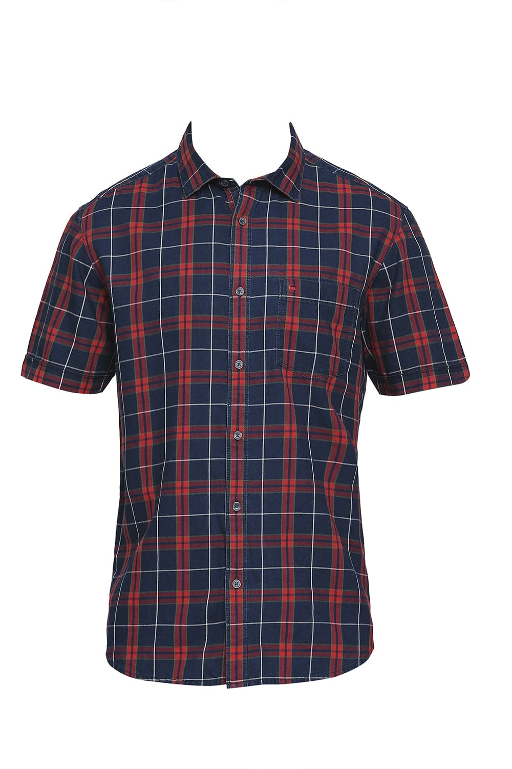 BASICS SLIM FIT COTTON INDIGO CHECKS HALFSLEEVES SHIRT