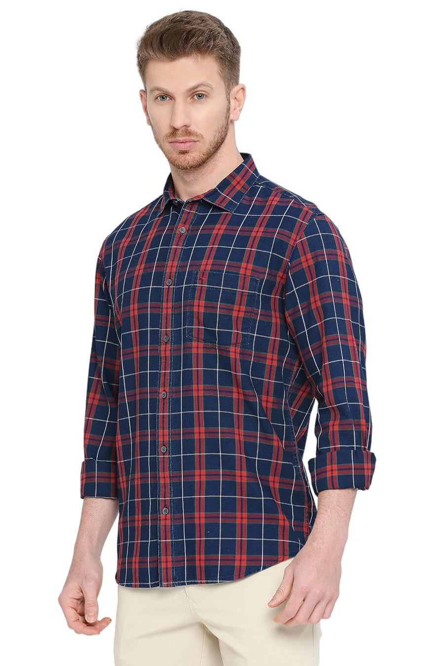 BASICS SLIM FIT RACING RED COTTON INDIGO CHECKS SHIRT