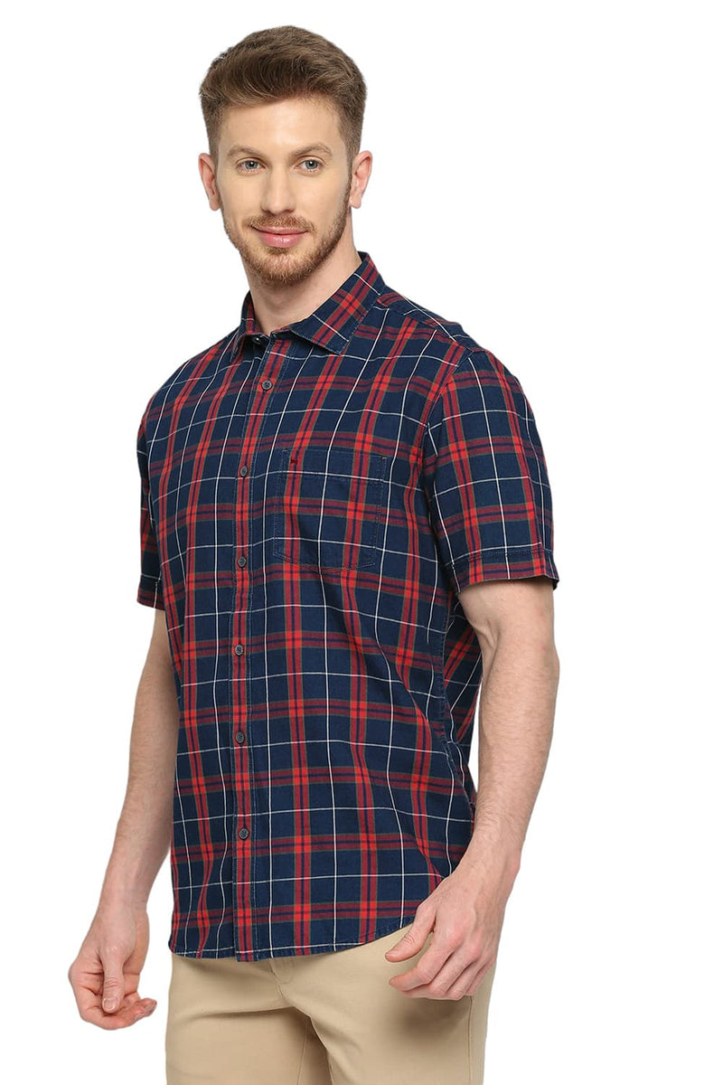 BASICS SLIM FIT COTTON INDIGO CHECKS HALFSLEEVES SHIRT