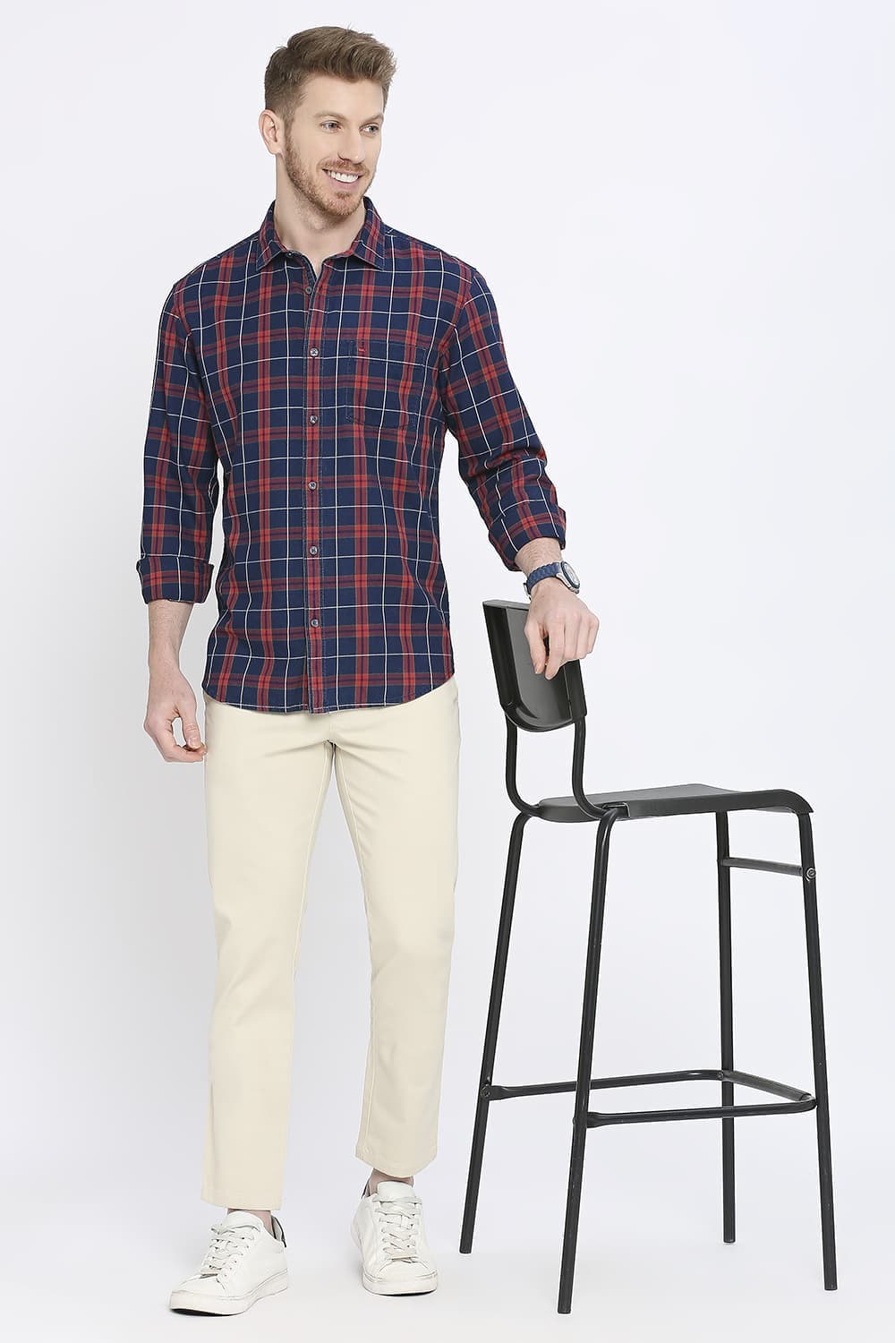 Slim Fit Cotton Indigo Checks Shirt