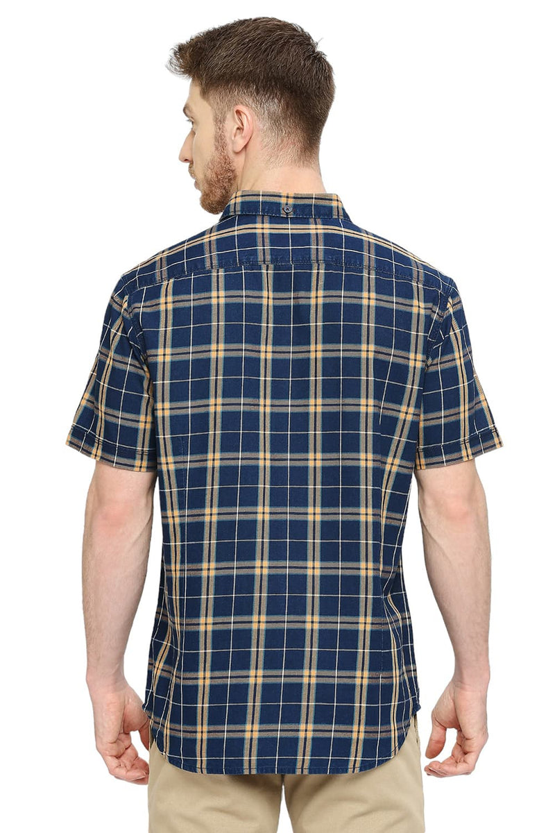 BASICS SLIM FIT COTTON INDIGO CHECKS HALFSLEEVES SHIRT