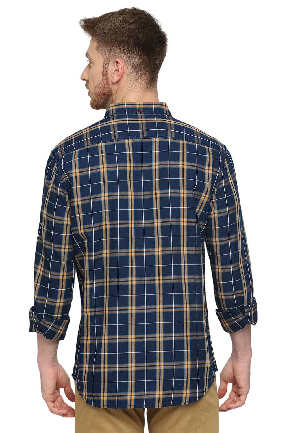 BASICS SLIM FIT COTTON INDIGO CHECKS SHIRT