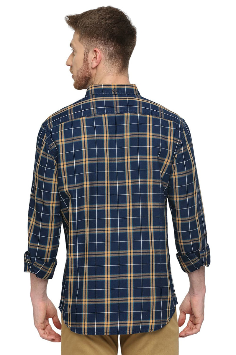 BASICS SLIM FIT COTTON INDIGO CHECKS SHIRT