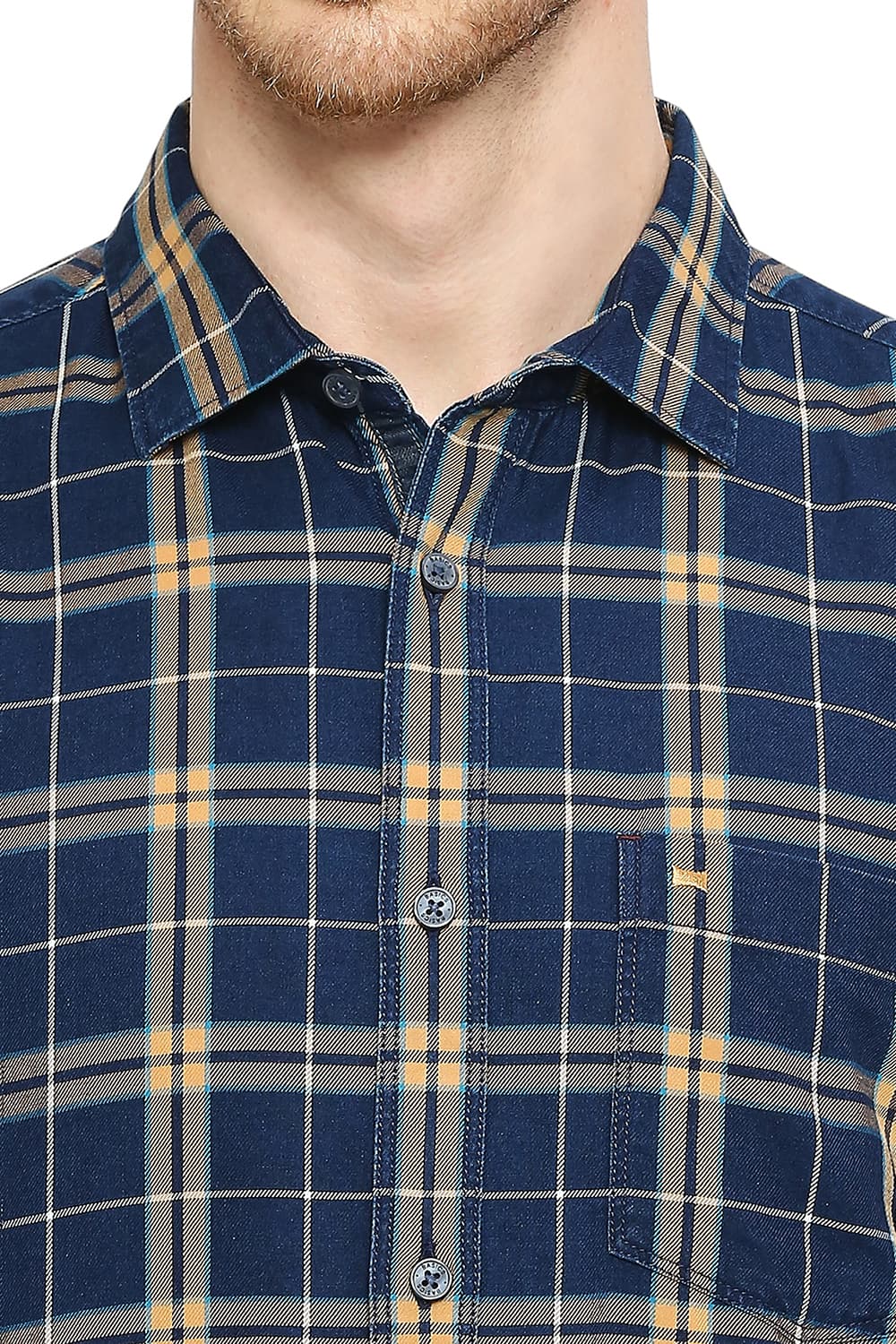 BASICS SLIM FIT COTTON INDIGO CHECKS HALFSLEEVES SHIRT