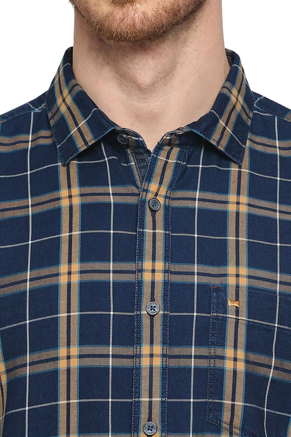 BASICS SLIM FIT COTTON INDIGO CHECKS SHIRT