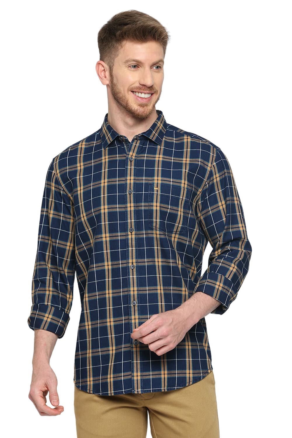 BASICS SLIM FIT COTTON INDIGO CHECKS SHIRT