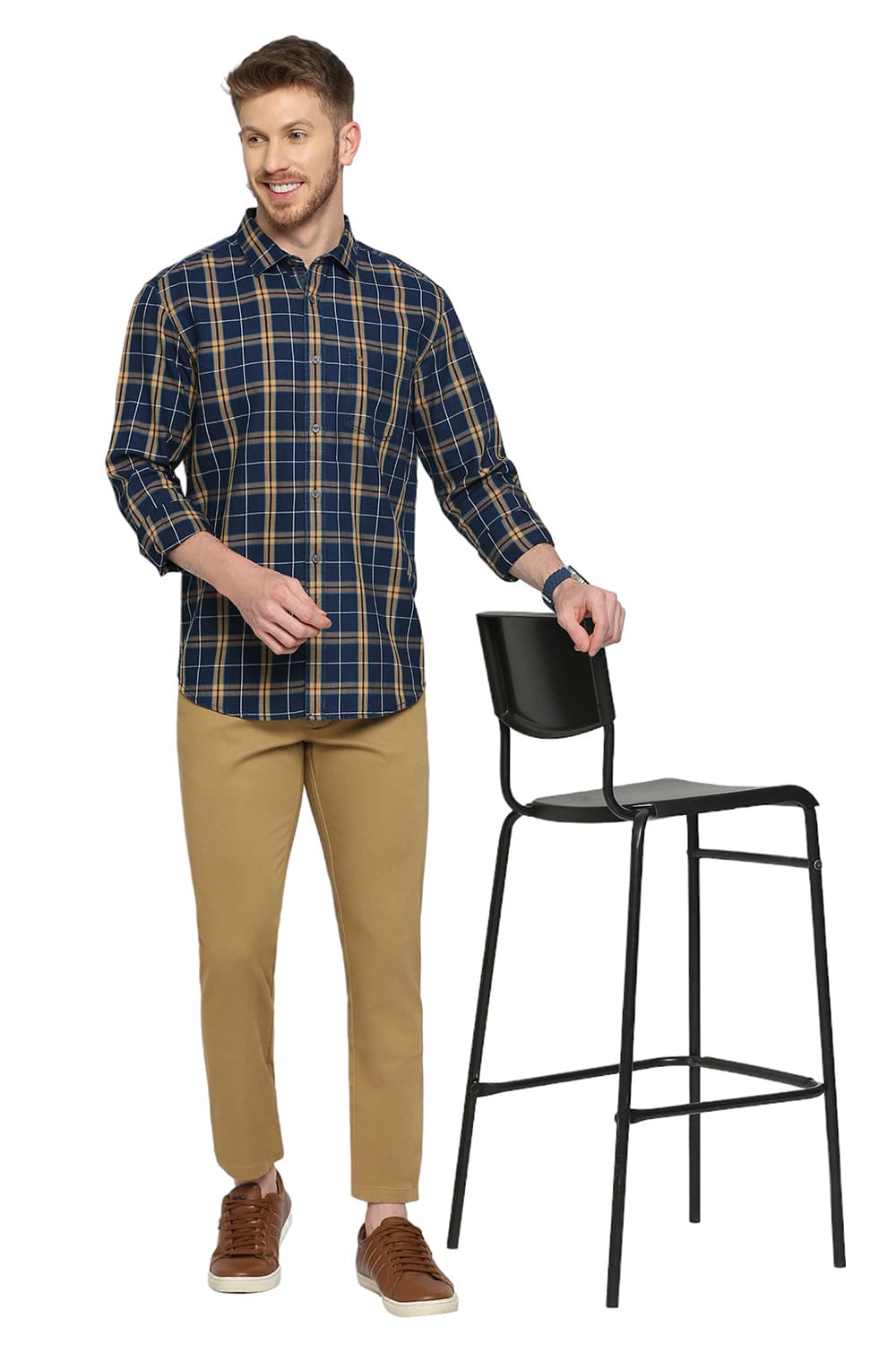 BASICS SLIM FIT CLAY BRICK COTTON INDIGO CHECKS SHIRT