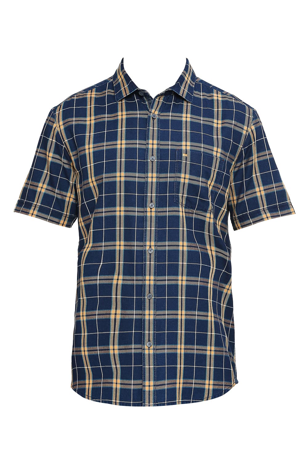 BASICS SLIM FIT COTTON INDIGO CHECKS HALFSLEEVES SHIRT