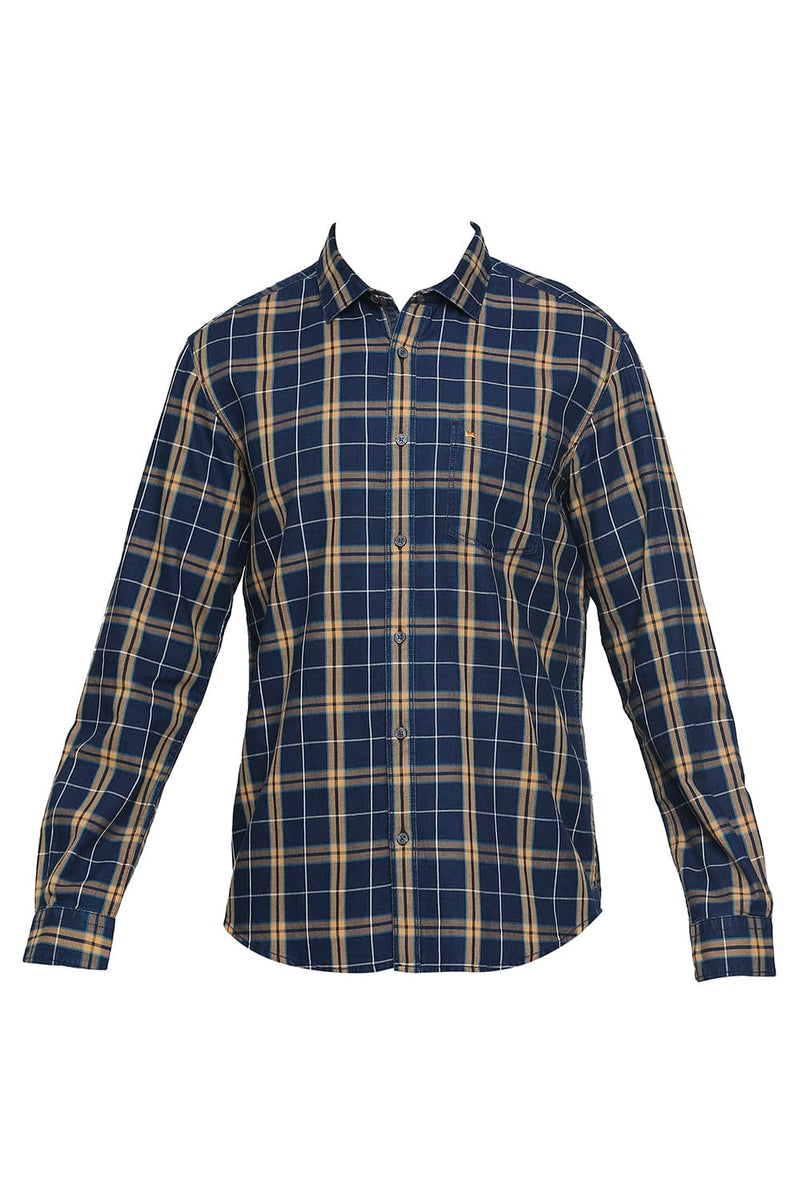 BASICS SLIM FIT COTTON INDIGO CHECKS SHIRT