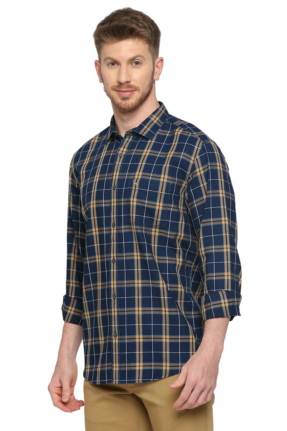 BASICS SLIM FIT CLAY BRICK COTTON INDIGO CHECKS SHIRT