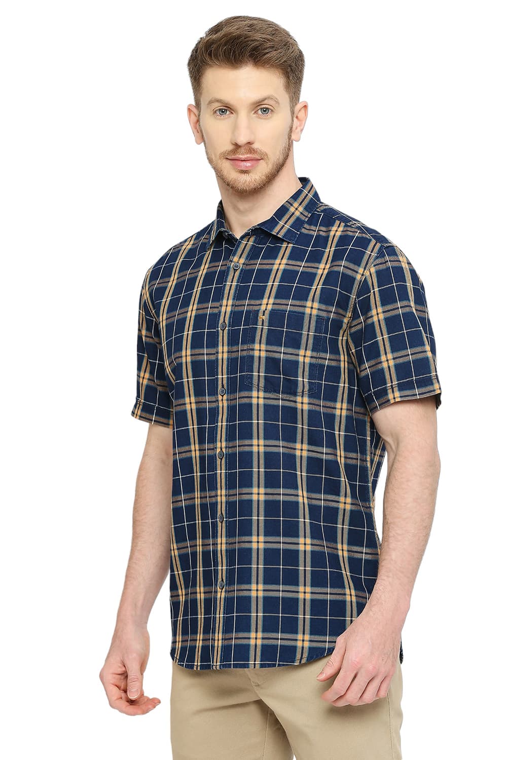 BASICS SLIM FIT COTTON INDIGO CHECKS HALFSLEEVES SHIRT