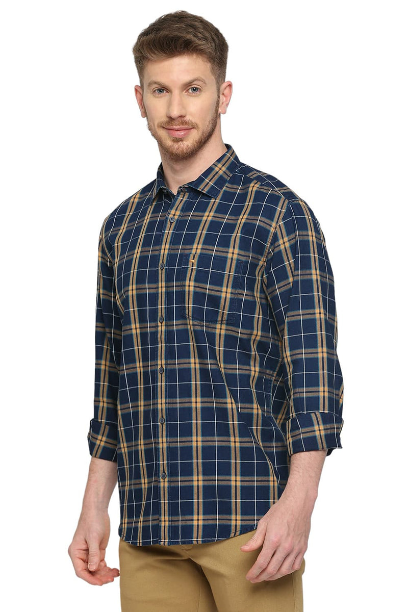 BASICS SLIM FIT COTTON INDIGO CHECKS SHIRT