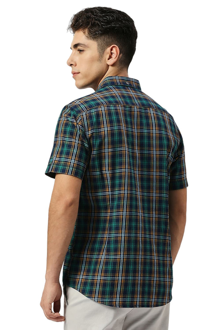 BASICS SLIM FIT EVERGLADE GREEN COTTON INDIGO CHECKS HALFSLEEVES SHIRT