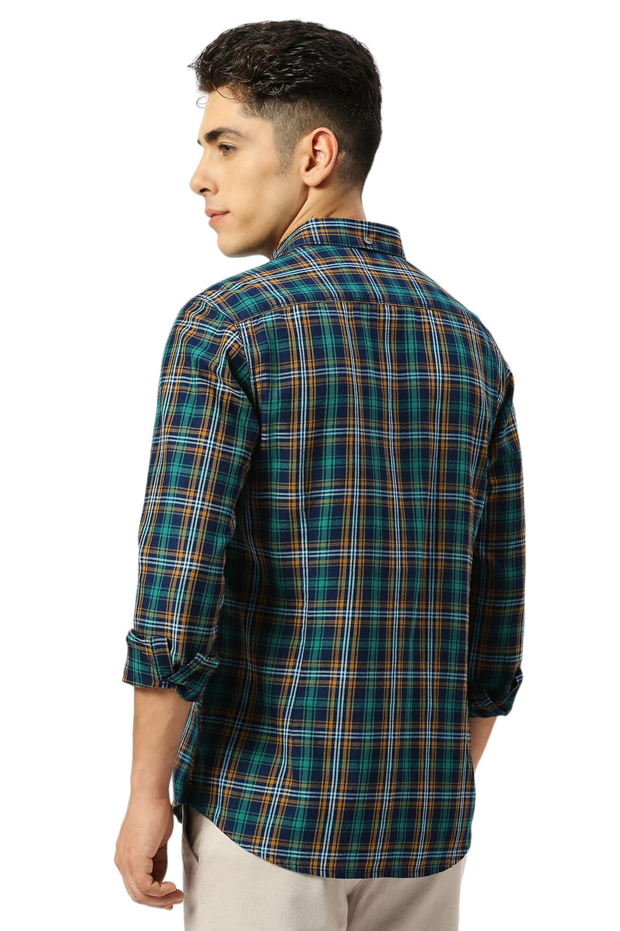 BASICS SLIM FIT EVERGLADE GREEN COTTON INDIGO CHECKS SHIRT