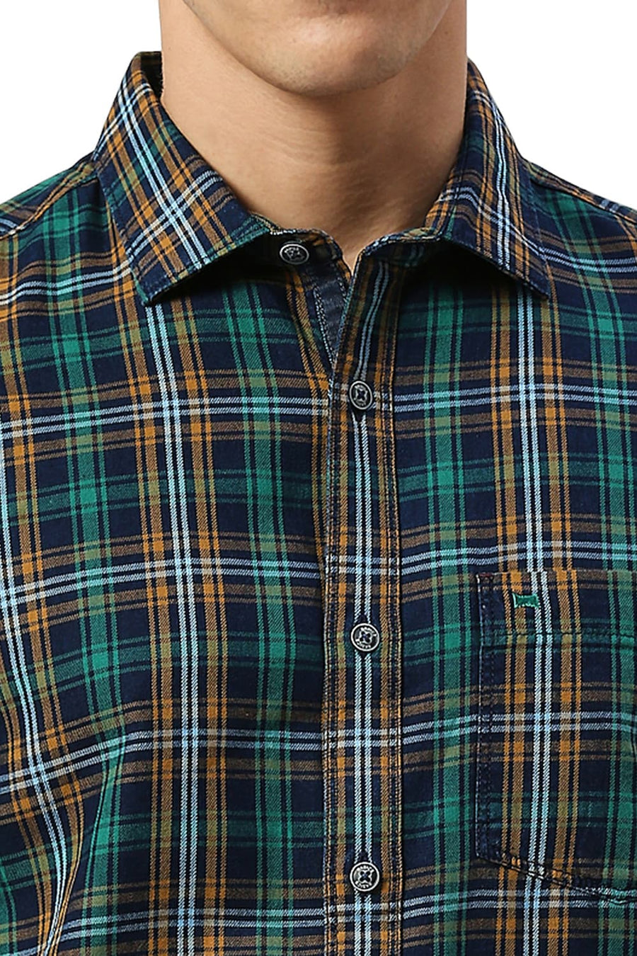 BASICS SLIM FIT EVERGLADE GREEN COTTON INDIGO CHECKS HALFSLEEVES SHIRT