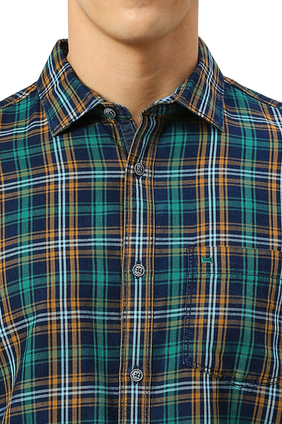 BASICS SLIM FIT EVERGLADE GREEN COTTON INDIGO CHECKS SHIRT