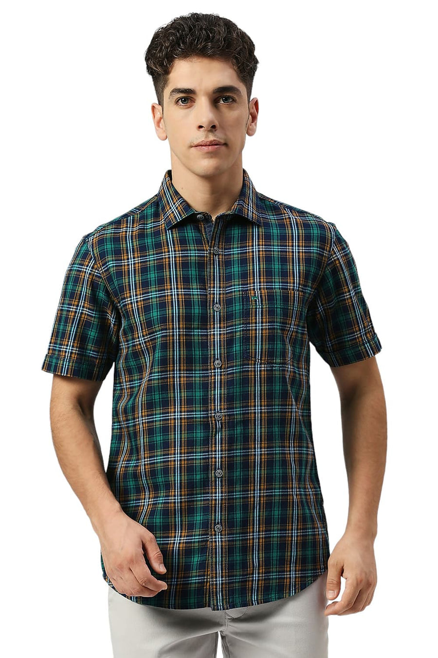 BASICS SLIM FIT EVERGLADE GREEN COTTON INDIGO CHECKS HALFSLEEVES SHIRT