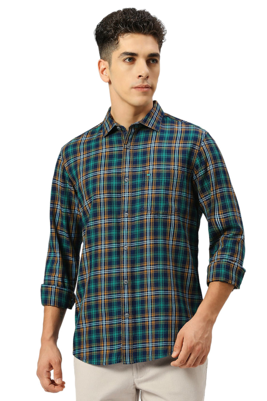 BASICS SLIM FIT EVERGLADE GREEN COTTON INDIGO CHECKS SHIRT