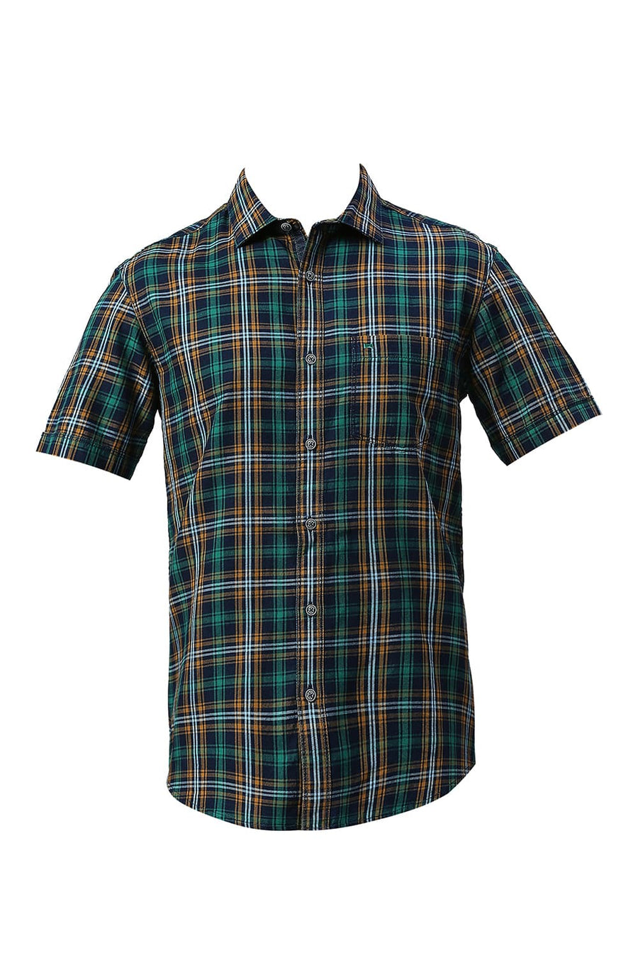 BASICS SLIM FIT EVERGLADE GREEN COTTON INDIGO CHECKS HALFSLEEVES SHIRT
