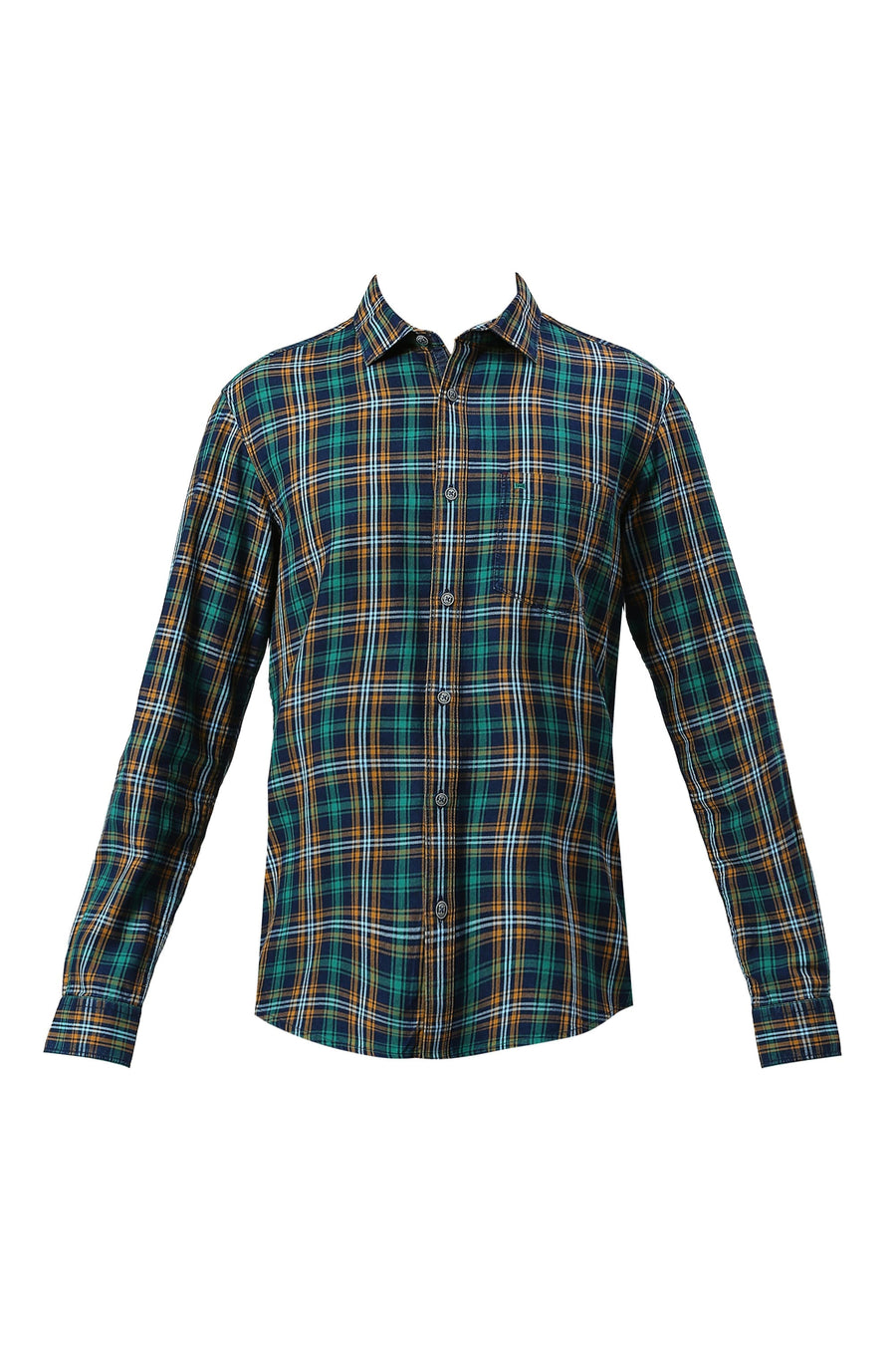 BASICS SLIM FIT EVERGLADE GREEN COTTON INDIGO CHECKS SHIRT
