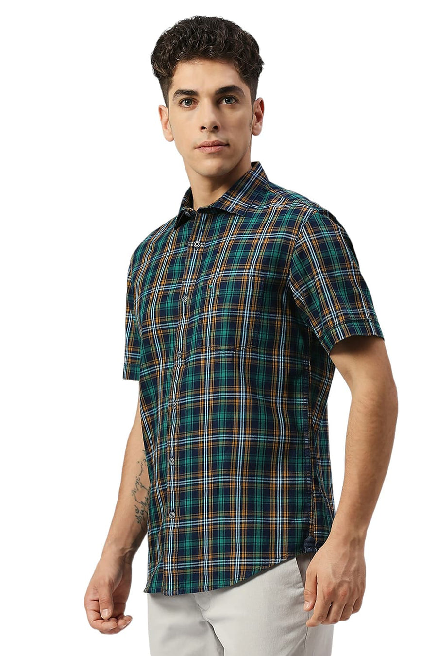 BASICS SLIM FIT EVERGLADE GREEN COTTON INDIGO CHECKS HALFSLEEVES SHIRT