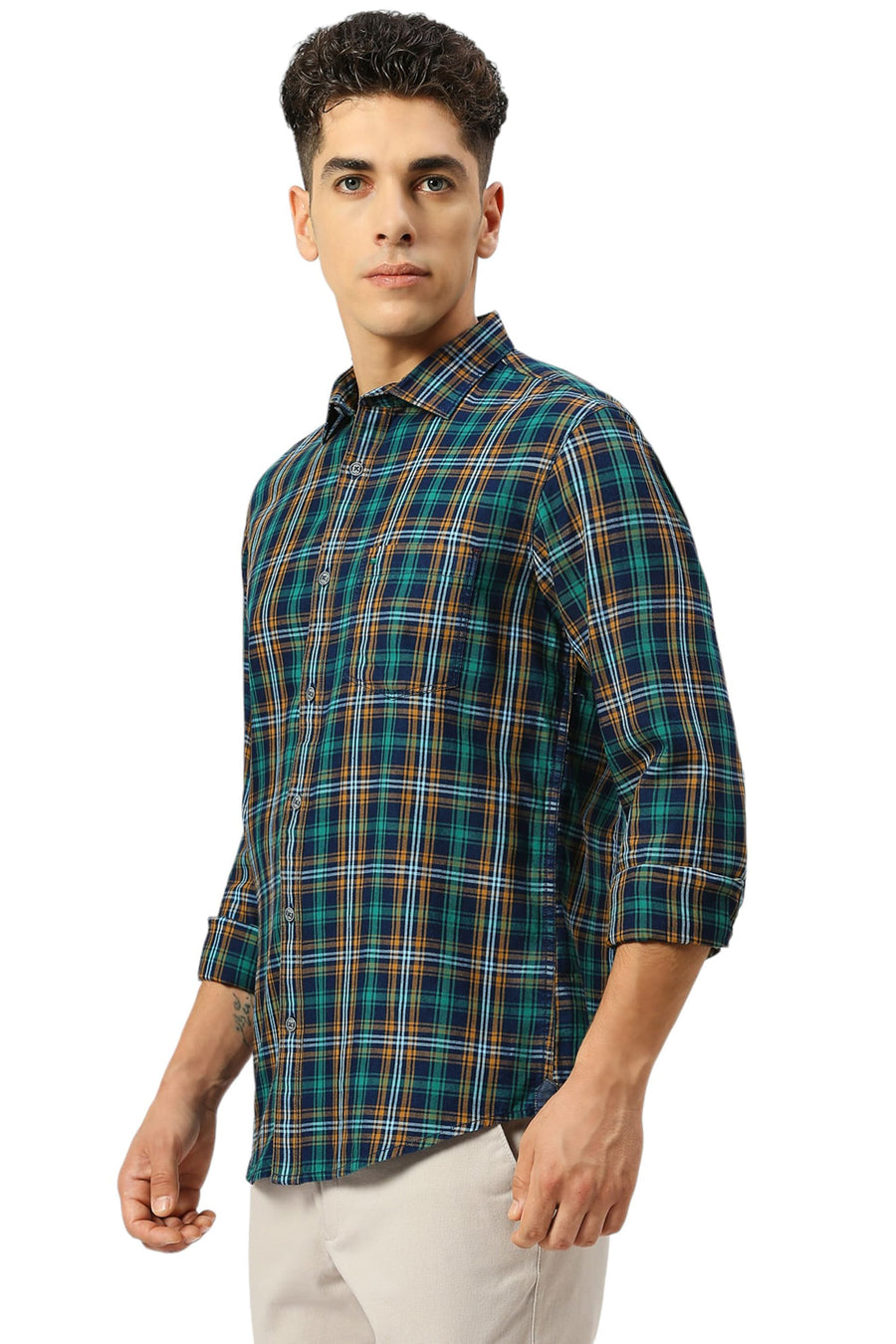 BASICS SLIM FIT EVERGLADE GREEN COTTON INDIGO CHECKS SHIRT