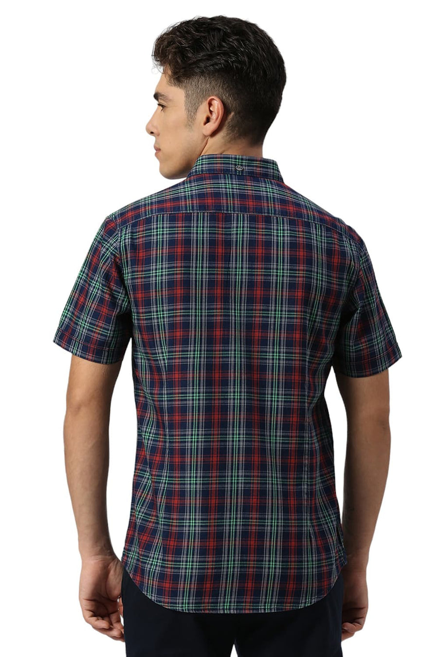 BASICS SLIM FIT AURORA RED COTTON INDIGO CHECKS HALFSLEEVES SHIRT