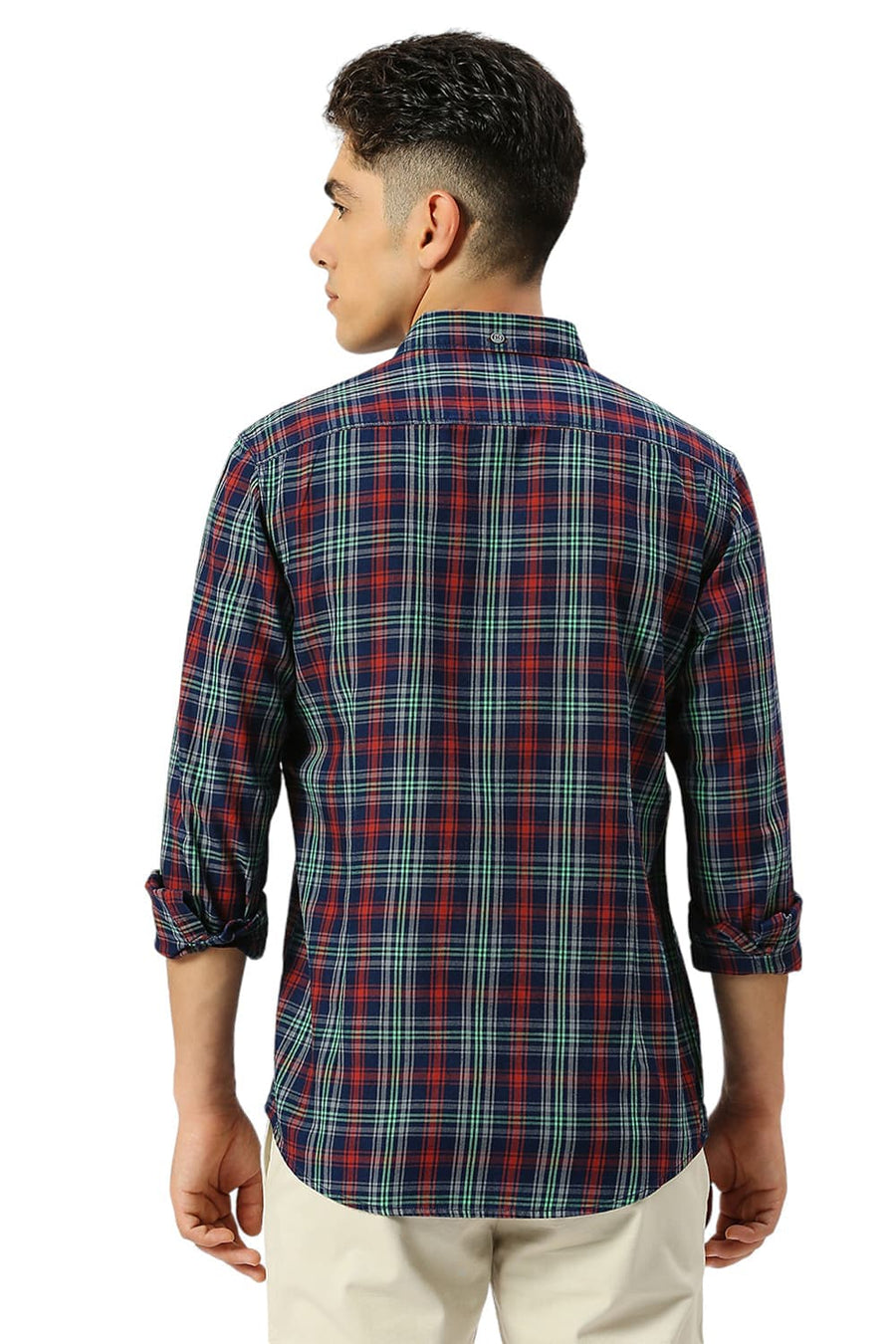 BASICS SLIM FIT AURORA RED COTTON INDIGO CHECKS SHIRT