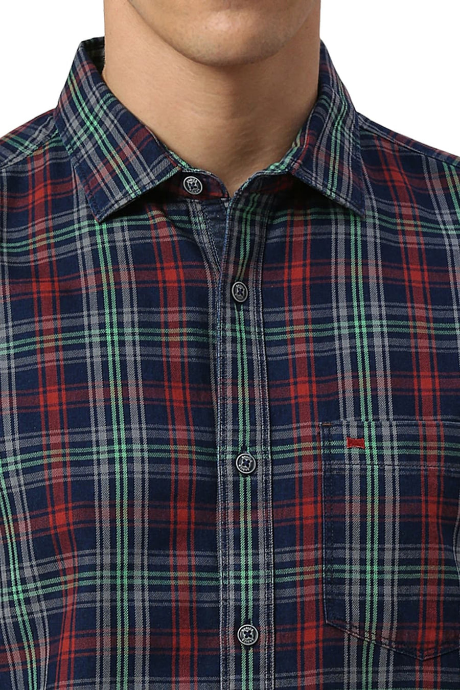 BASICS SLIM FIT AURORA RED COTTON INDIGO CHECKS HALFSLEEVES SHIRT