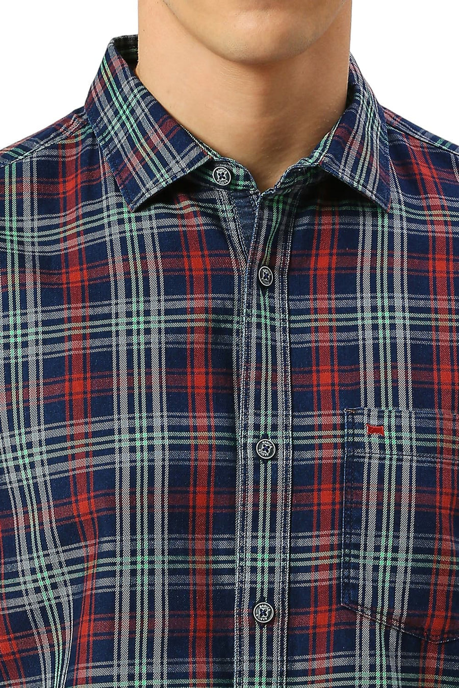 BASICS SLIM FIT AURORA RED COTTON INDIGO CHECKS SHIRT