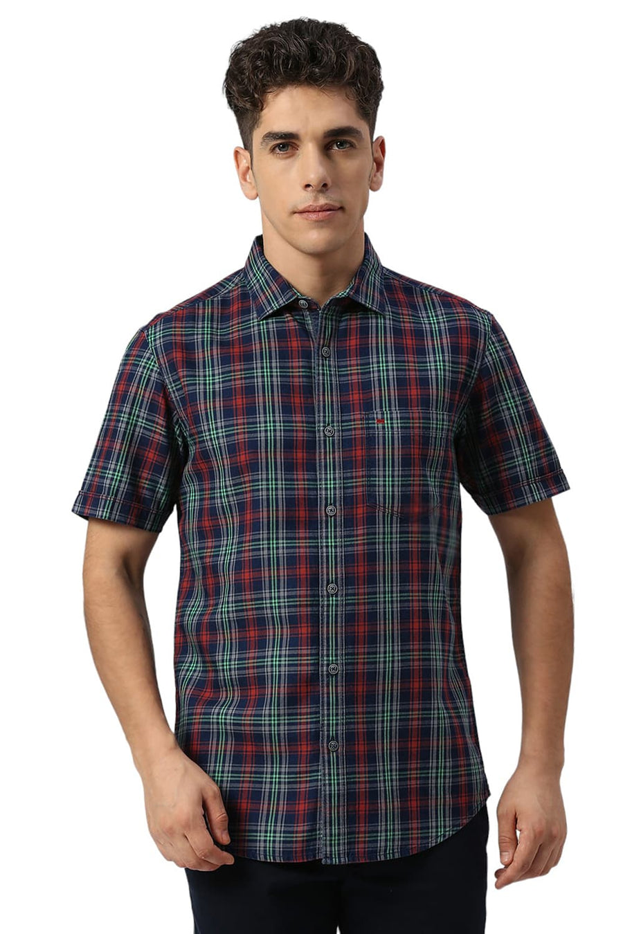 BASICS SLIM FIT AURORA RED COTTON INDIGO CHECKS HALFSLEEVES SHIRT