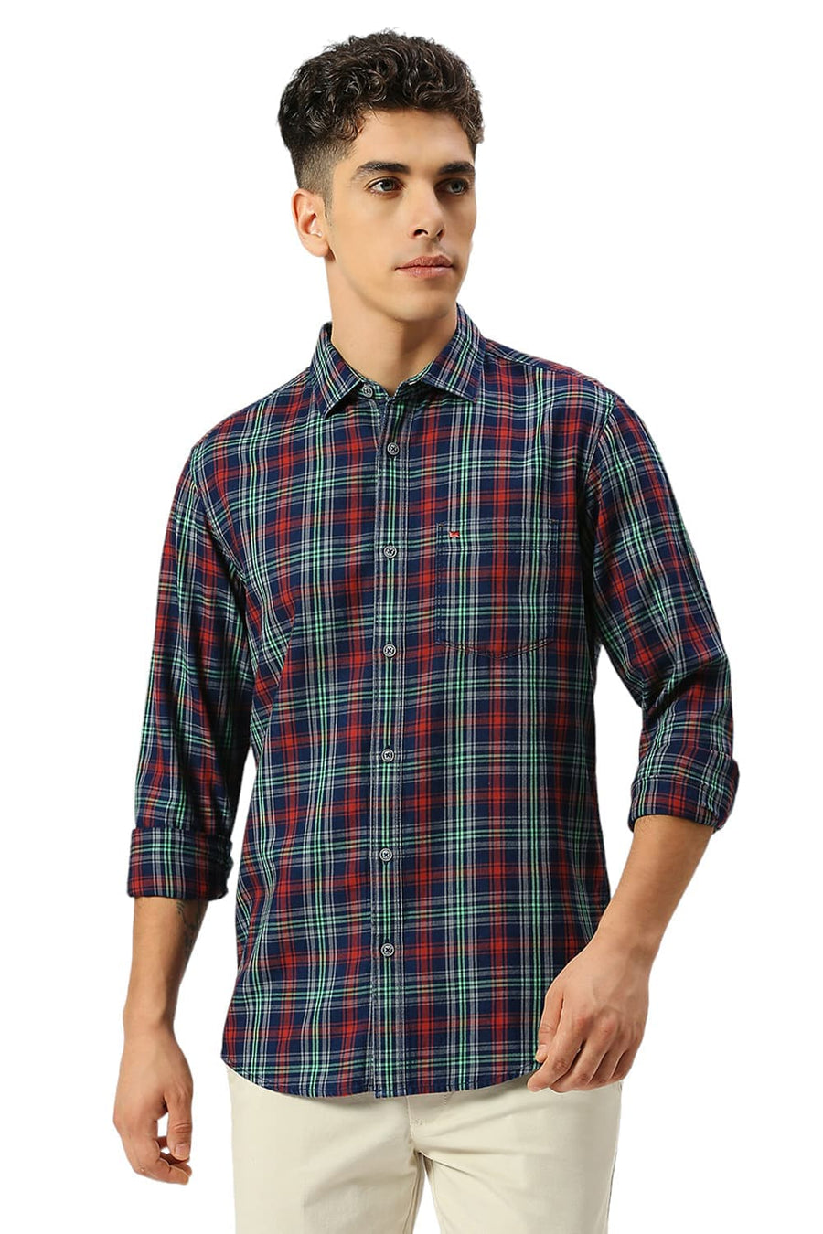 BASICS SLIM FIT AURORA RED COTTON INDIGO CHECKS SHIRT